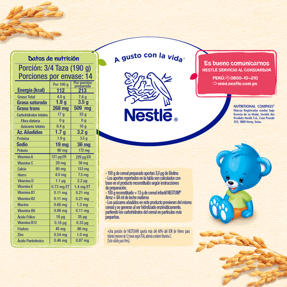 Nestum Arroz informacion nutricional