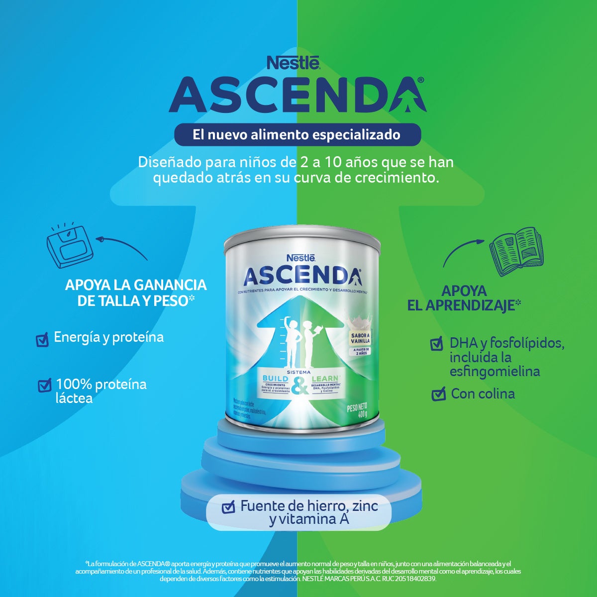 ASCENDA® de Nestlé®, con nutrientes para apoyar la ganancia de talla y peso*, y aprendizaje*.